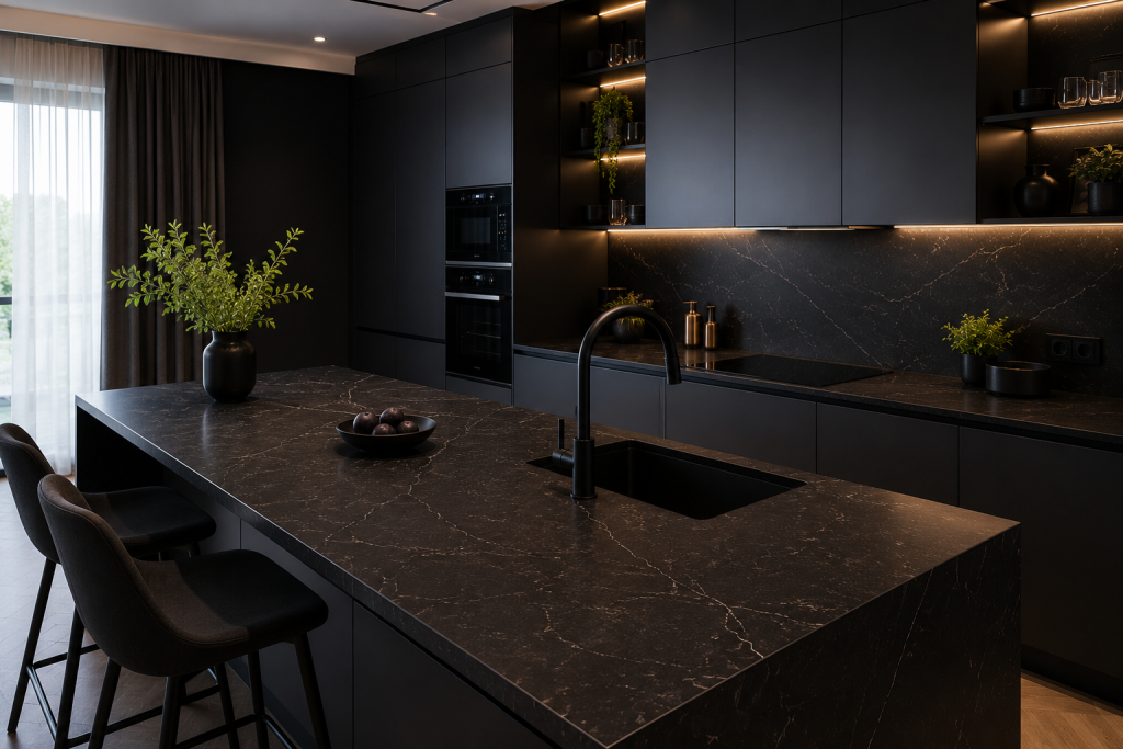 кварцевый агломерат в интерьере черной кухни